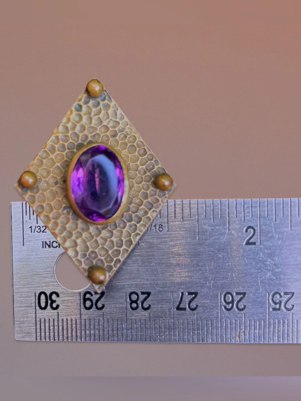 Antique Arts & Crafts Hammered Brass Amethyst Glass Brooch Pin w/ Box